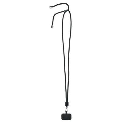Lanyard negro tipo cordón con pieza negra para poder sujetar a un móvil con funda