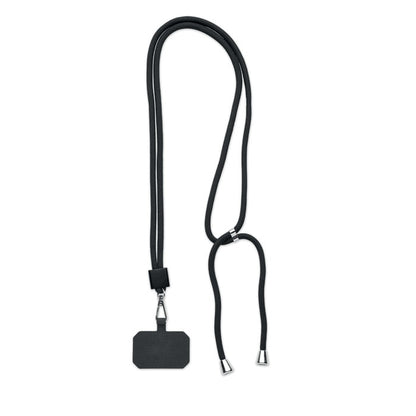 Lanyard tubular tipo cordón con pieza de plástico negra para meter en la funda del móvil y sujetar el teléfono. Color negro
