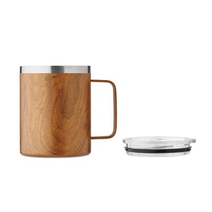 Mug de metal con efecto madera y tapadera de plástico transparente