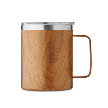 Taza de acero inox. con apariencia de madera y tapadera