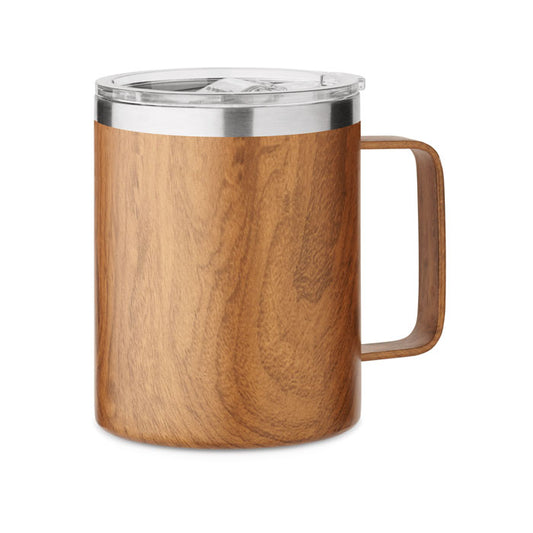 Taza de acero inoxidable con revestimiento de madera y tapa transparente de plástico