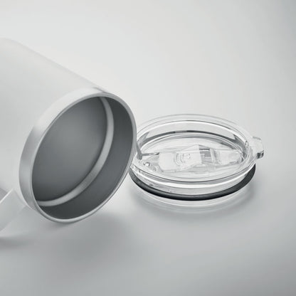 Taza de acero inox con exterior de color blanco y tapadera