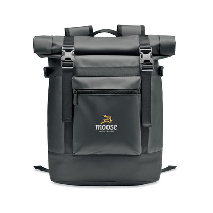 Mochila de viaje negra con bolsillo con cremallera en parte frontal personalizado con logotipo
