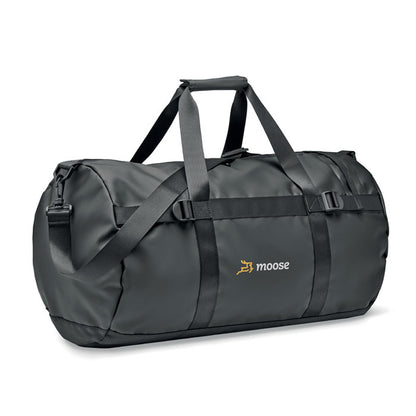 Macuto deportivo redondo negro personalizado con logotipo en parte frontal