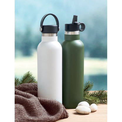 2 botella con tapa negra y fondo de naturaleza