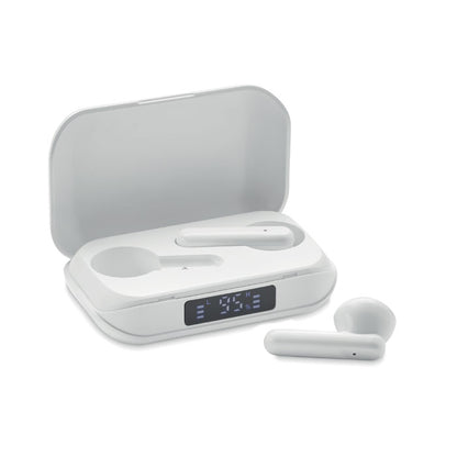 Auriculares inalámbricos en estuche de carga rectangular con pantalla indicadora de carga