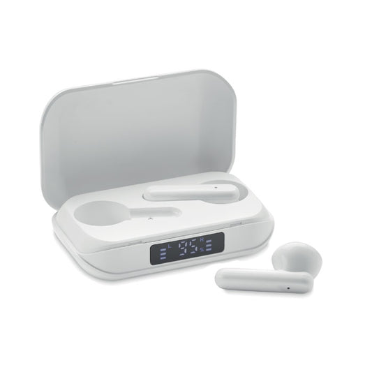 Auriculares inalámbricos en estuche de carga rectangular con pantalla indicadora de carga