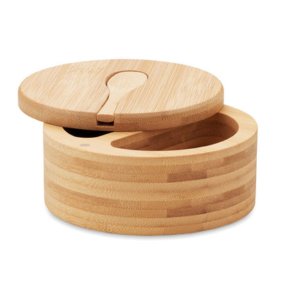 Caja redonda de madera de bambú con dos compartimentos y tapa con cuchara