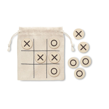 Juego de tres en raya con fichas de madera y bolsita de algodón para guardar