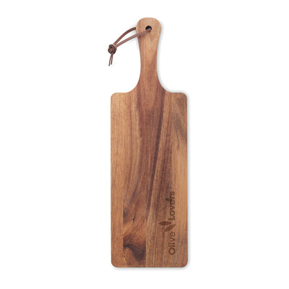 Vista superior de tabla de madera de acacia con cordón de PU