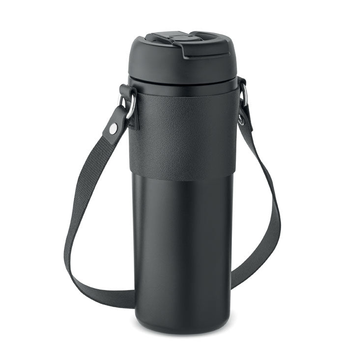 Vaso negro de acero negro con tapa antigufas y correa de transporte desmontable