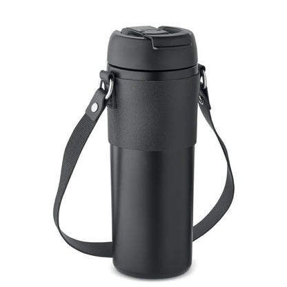 Vaso negro de acero negro con tapa antigufas y correa de transporte desmontable