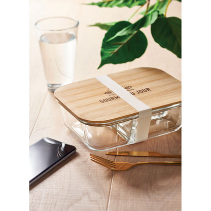 Fiambrera de cristal personalizada en la tapadera de madera