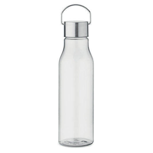 Botella transparente de RPET con tapa de acero inoxidable y asa, capacidad de 600 ml