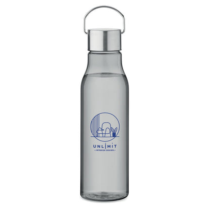 Botella de RPET gris con tapa de metal y asa