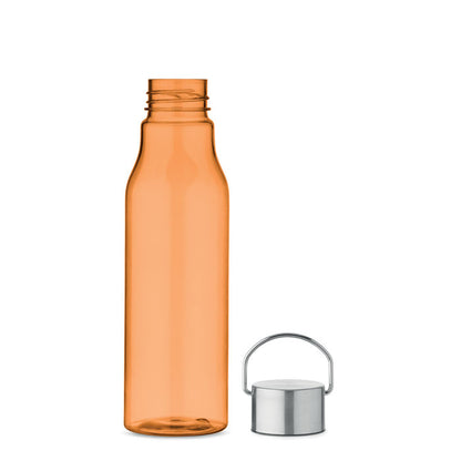 Botella de RPET naranja con tapa de metal a un lado