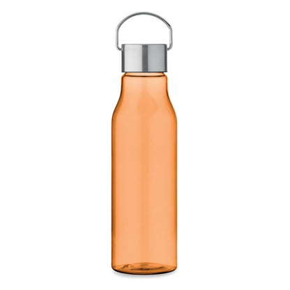 Botella de RPET naranja con tapa de metal a un lado