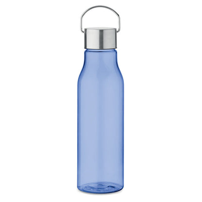 Botella de RPET azul con tapa de metal a un lado