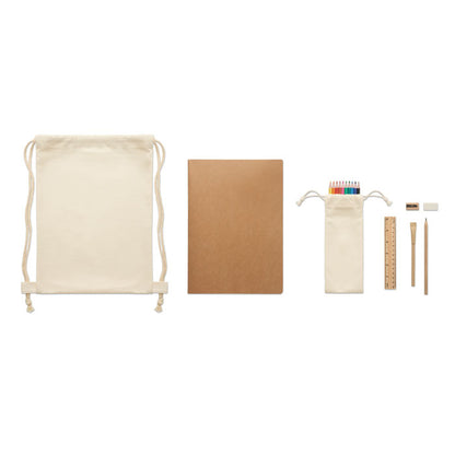 Bolsa de algodón, cuaderno, saquito con pinturas y set de pintar