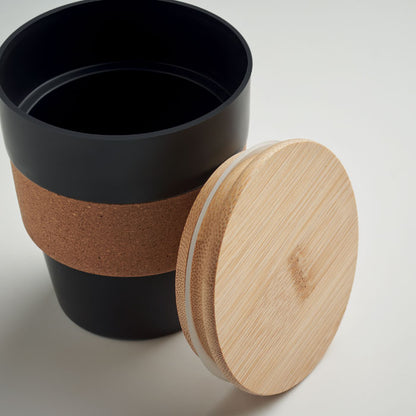 Vaso negro de plástico con faja de corcho y tapadera hermética de madera