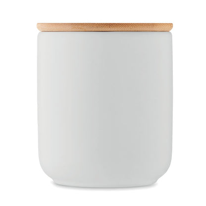 Vela en tarro de gres blanco con tapa de bambú