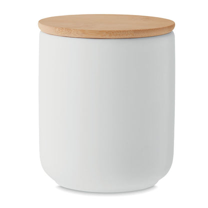 Vela en tarro de gres blanco con tapa de bambú