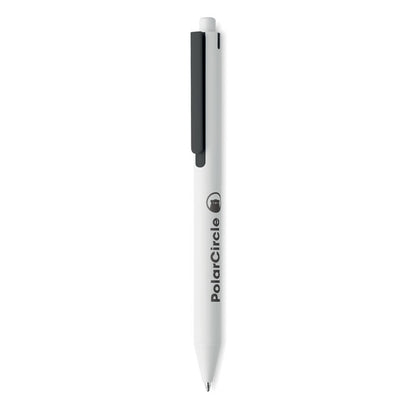 Bolígrafo de plástico blanco con clip negro personalizado con logotipo en el cuerpo del bolígrafo