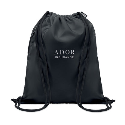 Mochila negra de cordones de poliéster personalizada con logotipo en color blanco