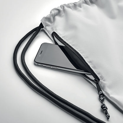 Bolsillo exterior con cremallera de mochila de poliéster de cordones con teléfono móvil en su interior