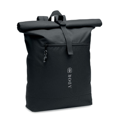 Mochila de poliéster negro con cierre roll top personalizada con logotipo en bolsillo exterior frontal 