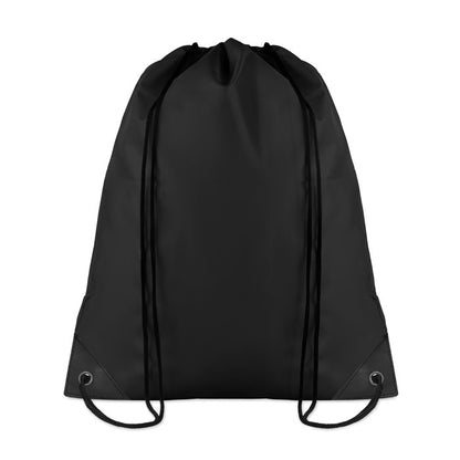 Mochila de cordones de poliéster negro con refuerzos en las esquinas y remaches metálicos