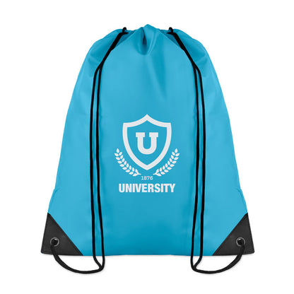 Mochila de poliéster azul con cierre de cordones personalizada con logotipo