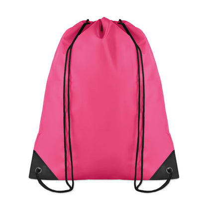 Mochila de cordones de poliéster fucsia con refuerzos en las esquinas y remaches metálicos
