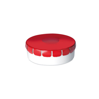 Lata redonda blanca con tapa roja con caramelos de menta
