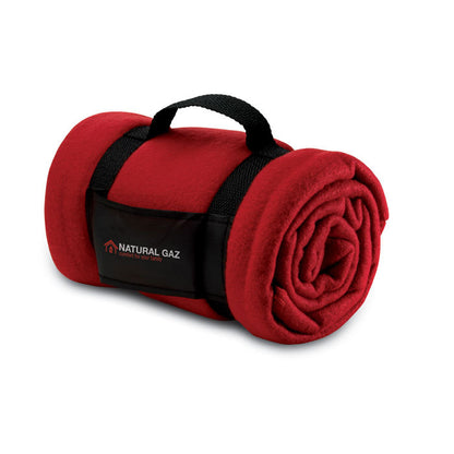 Manta polar roja con asa portamantas negra personalizada con logotipo a un color