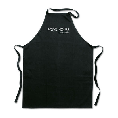 Vista frontal de delantal de cocina negro personalizado con logotipo