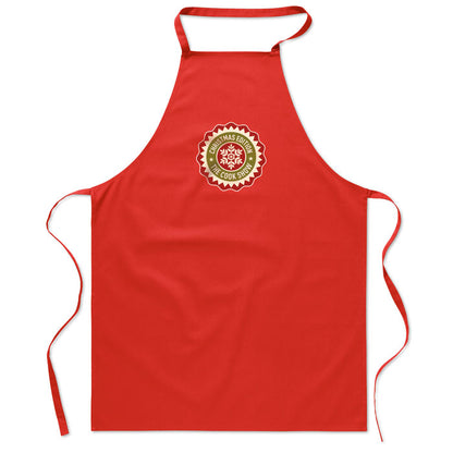Vista frontal de delantal de cocina rojo personalizado con logotipo