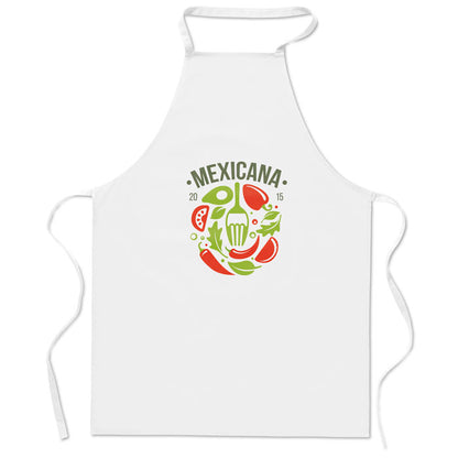 Vista frontal de delantal de cocina blanco personalizado con logotipo