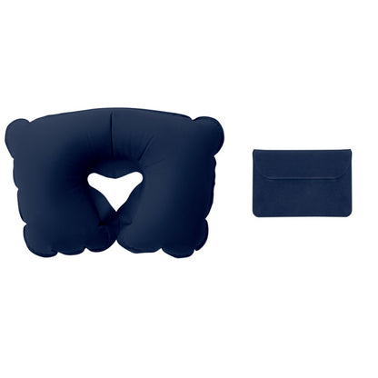 Almohada de viaje inflable azul con bolsita de transporte