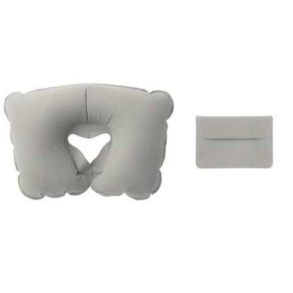 Almohada de viaje inflable gris con bolsita de transporte