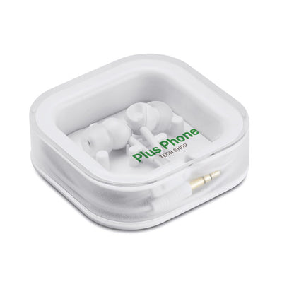 Auriculares blancos en estuche de plástico personalizado con logotipo