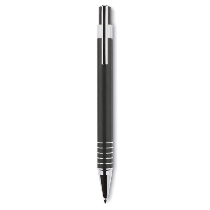 Bolígrafo automático en color negro con detalles plateados, perfecto para un uso elegante y profesional.