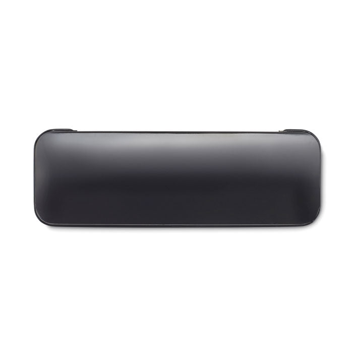 Estuche metálico negro elegante y contemporáneo, ideal para bolígrafos y portaminas. Vista superior del contenedor.