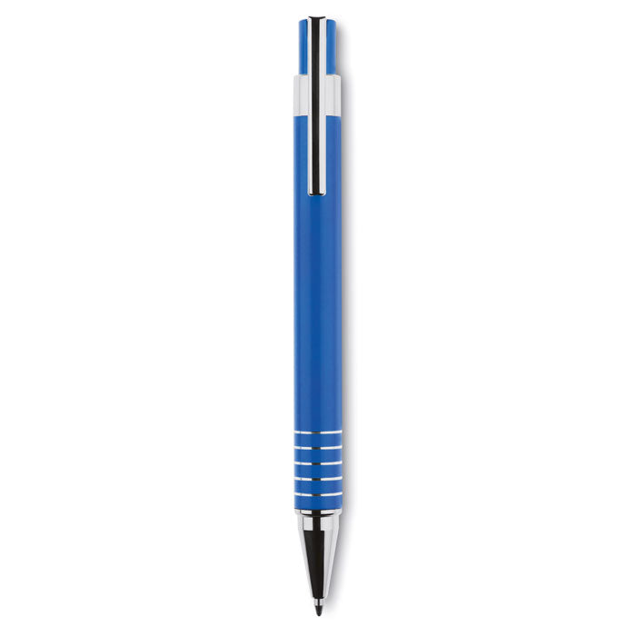 Bolígrafo automático azul con detalles plateados y acabado de aluminio, listo para escribir.