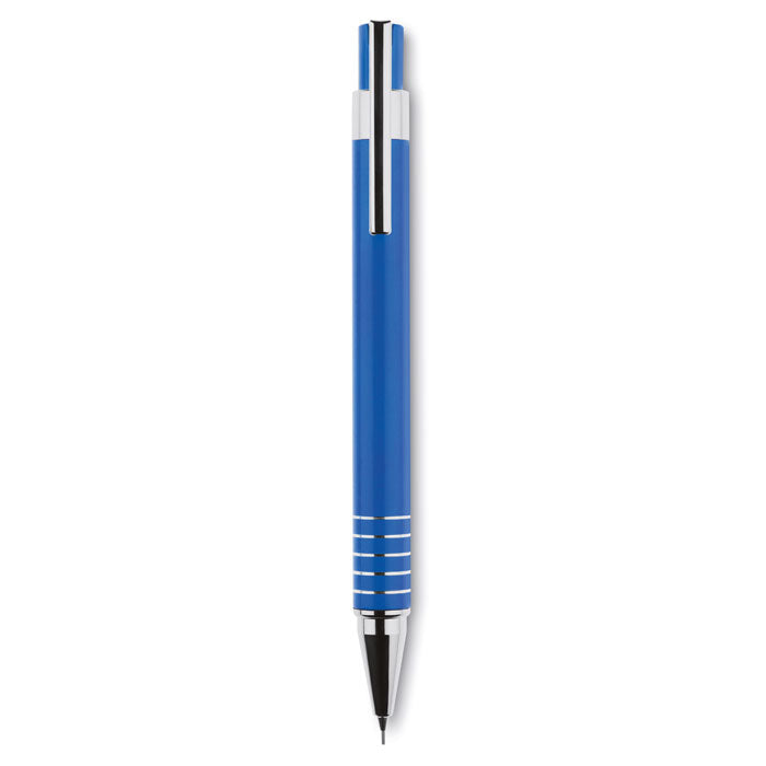 Bolígrafo automático azul con detalles en plata y acabado metálico, ideal para uso diario.