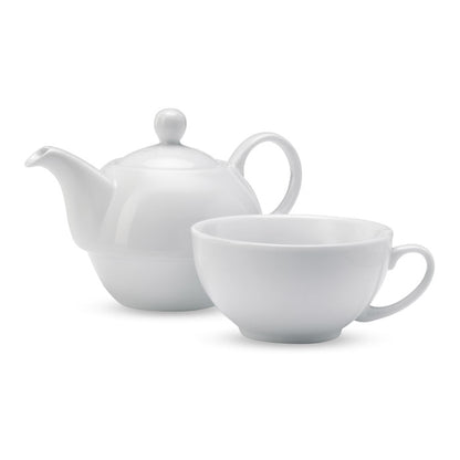 Tetera y taza de cerámica blanca