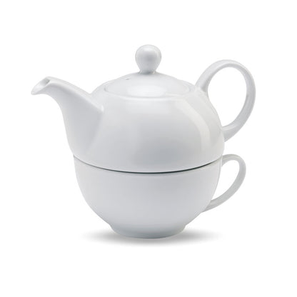 Set de taza y tetera de cerámica blanca apilable