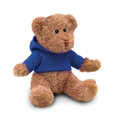 Oso de peluche marrón con sudadera azul con capucha