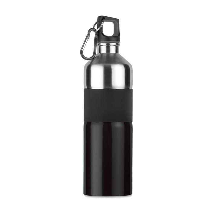 Botella bicolor de acero inoxidable con empuñadura de goma y mosquetón, capacidad de 750 ml.