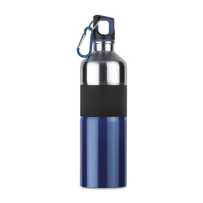 Botella de acero bicolor con mosquetón azul